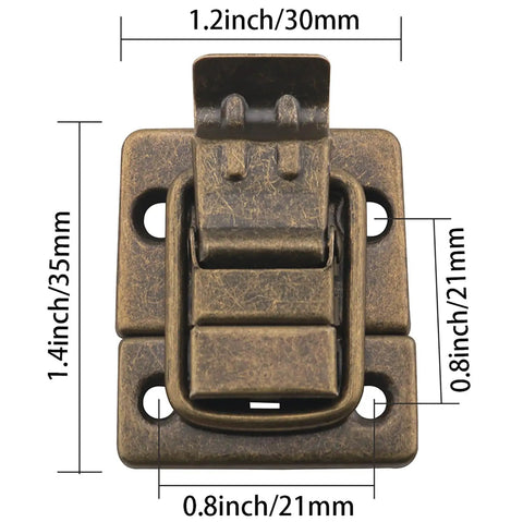 Close-up of Vintage Wooden Case Toggle Latch Set 4 Pieces With 16 Screws 1.4x1.2 Inch Luggage Tin Hardware Buckle Lock.