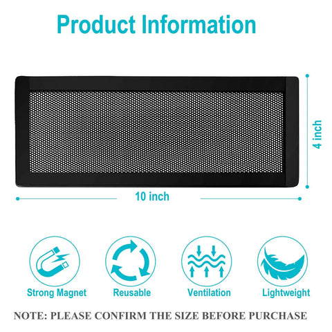 Magnetic Floor Vent Covers 4x10 Inch Mesh PVC Frame Black 2 Pack Tough Magnets For Wall Ceiling And Floor Vents Catch Debris Hair And Insects Easily At Home. Product information with dimensions and features.
