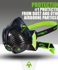 Half Face Respirator With Replaceable Twin Filters for Dust Protection, shown with green straps and black shell