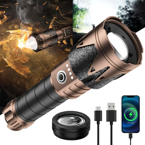 Rechargeable Tactical Flashlight With Ignition Lens, 5000 Lumen Beast Brightness, accessories and charging cable