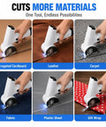 Built Tough Cordless Electric Cutter With 4V Motor And 3000mAh Battery cutting through leather and carpet with LED light.