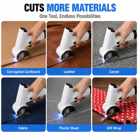 Built Tough Cordless Electric Cutter With 4V Motor And 3000mAh Battery cutting through leather and carpet with LED light.