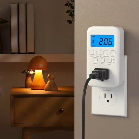 Plug In Watt Meter With Backlit LCD Display For Home Use Energy Consumption Monitor showing cost on lit screen.