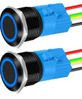 12V Waterproof 22mm Latching Push Button Switch With Blue LED, Metal Panel Mount SPDT, Marine Grade, Pack of 2, front view