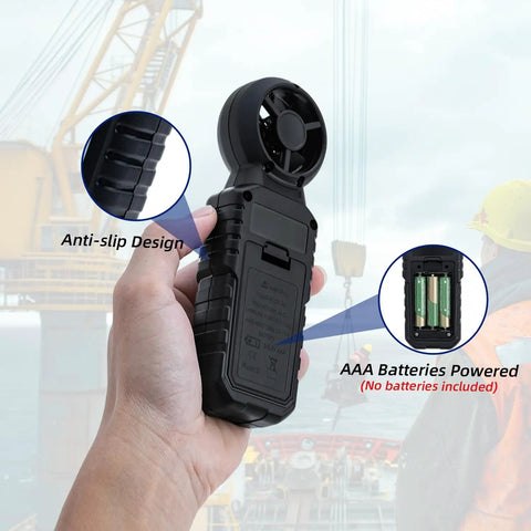 3 In 1 Handheld Wind Meter With Backlight, Ultra Accurate Wind Speed And Temperature Readouts With Beaufort Scale, Perfect For HVAC Pros, Sailing, Fishing, Outdoor Adventures, And Indoor Or Outdoor Use, black plastic rear view with AAA battery compartment
