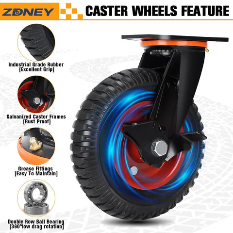 Heavy Duty Casters Set Of 4 With 8X2 Inch Solid Rubber Wheels And Knobby Tread, featuring swivel and brake