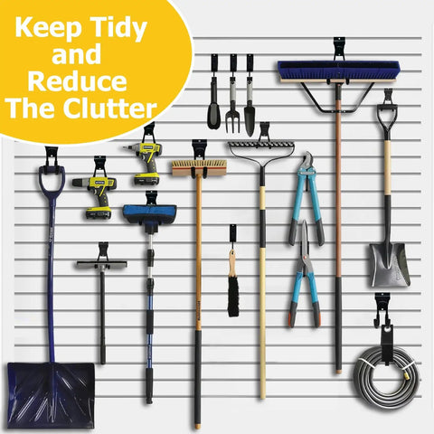 Heavy Duty Slatwall Hooks 22 Pack Set With Multi Size U And J Hooks For Ladders Bikes Garage And Garden Tools, 2.5 And 4 And 6 Inch Singles, ProSlat And Slatwall Panel Compatible holding garden tools and equipment on wall