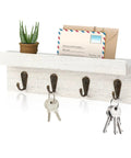 Rustic Wall Key Holder With Four Heavy Duty Hooks And A Floating Farmhouse Shelf, Wall Mounted Mail And Keys Organizer in white