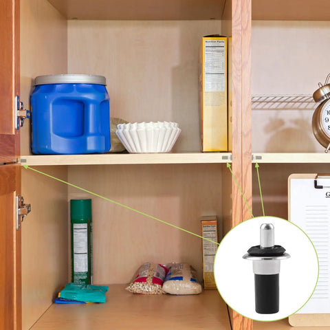 Top Notch 36 Piece Spring Loaded Repair Pins For Cabinet Doors And Furniture Hinges Featuring Heavy Duty Iron And Plastic Build That Makes Quick Damper Replacement A Total Breeze Without Sweat in use inside a wooden cabinet.