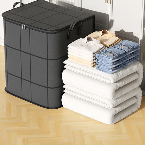 Massive Zippered Fabric Storage Bags Straight Up Heavy Duty And Foldable For Zero Fuss Home Organization No Sweat Closet Organizer with neatly stacked clothes and bedding.