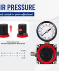 Close-up of pressure regulator with knob and gauge on Oil Free Airbrush Compressor AS186 With 3L Tank Regulator And Moisture Trap Portable Quiet 47 dB Pro Grade Performance Single Piston Mini For Hobby Cake Decoration Tattoo Automotive Graphic And Makeup.