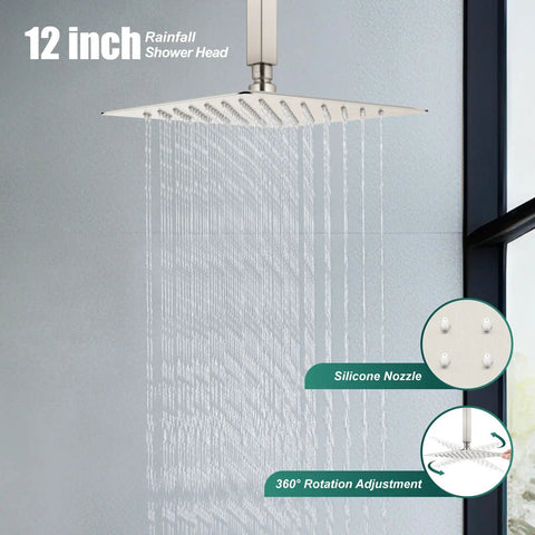 Brushed Nickel 12 Inch Square Rain Shower System With 2 In 1 Handheld Sprayer Ceiling Mount Rough In Valve And 16 Inch Arm 59 Inch Hose Luxury Bathroom Showerhead Set with 12-inch rainfall shower head showcasing silicone nozzles and 360° rotation.