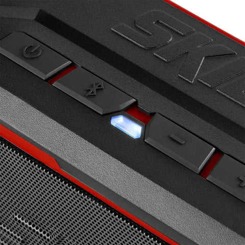 Close-up of Portable Bluetooth Speaker Designed For Power Tools With Kickin Bass Output Aux Input Usb Charging Port showing buttons.