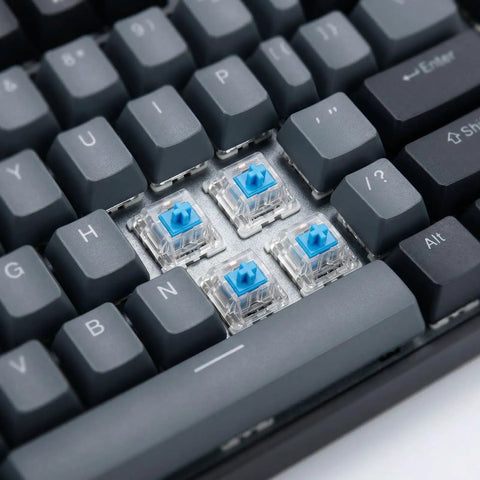Close-up of 30Pcs Blue 3 Pin Mechanical Keyboard Switches with Clicky Tactile Feedback installed on a keyboard
