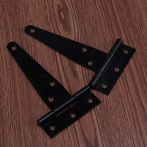 T Shape Door Hinges Set, 24 Pcs Black Iron Triangle Hinges with Six Screw Holes, displayed on wooden surface