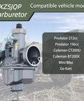 Bolt-On Carburetor Upgrade Kit For Predator 212cc And Honda Clone Engines Including 26mm Carbs, showing compatibility list.