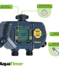 Four Zone Digital Water Timer with flexible scheduling for garden hoses, easy-to-read LCD, manual override, angled valves.