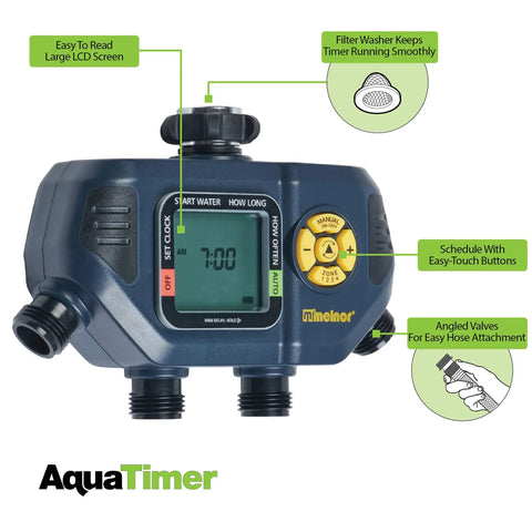 Four Zone Digital Water Timer with flexible scheduling for garden hoses, easy-to-read LCD, manual override, angled valves.