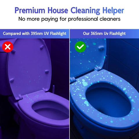 365Nm UV Black Light Mini Flashlight detecting stains on toilet seat, compared to 395nm UV flashlight, home cleaning aid.