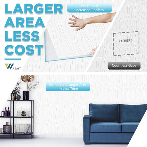 3D Peel and Stick Wall Panels 20 Pack Big Size 30.3 by 27.5 Inches for Interior Decor shown on a wall with a blue sofa
