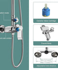 Dope Polished Chrome Exposed Shower System With 8 Inch Square Rainfall Shower Head And Hand Sprayer Wall Mounted Solid Brass Construction Corrosion Resistant Multi Function Bathroom Shower Set close-up showing switch mode, hot and cold control, ceramic valve cartridge, and faucet body details.