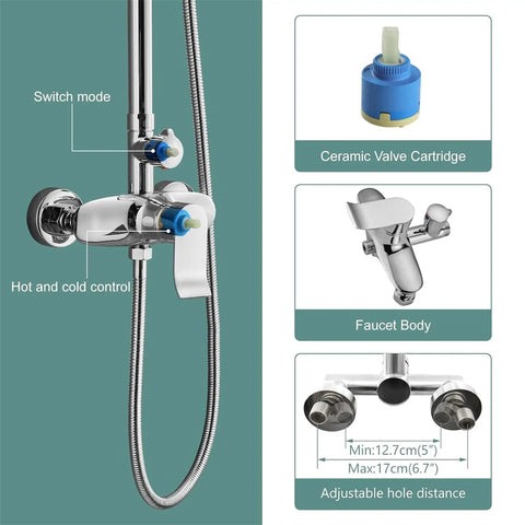 Dope Polished Chrome Exposed Shower System With 8 Inch Square Rainfall Shower Head And Hand Sprayer Wall Mounted Solid Brass Construction Corrosion Resistant Multi Function Bathroom Shower Set close-up showing switch mode, hot and cold control, ceramic valve cartridge, and faucet body details.