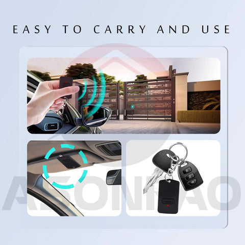 3 Channel Gate Opener Remote Replacement 318MHz in hand using Mighty Mule GTO gate, close-up of remote on keyring