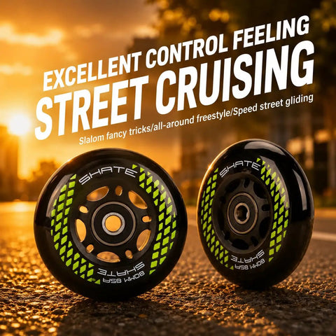 8 Pack Inline Skate Wheels Set With 72mm 76mm And 80mm Options, ABEC9 Bearings, 85A Durometer PU, two black wheels on street