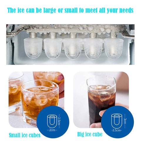 Compact Portable Ice Maker With Lightning Fast Freeze And Whisper Quiet Motor Runs Smooth For Home Bars And Tiny Spaces showing small and big ice cubes.