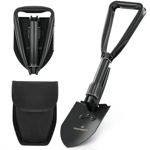 Mini Folding Shovel In High Carbon Steel with carry case, shown folded and extended for camping hiking digging.
