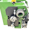 Close-up of precision metal lathe benchtop mini machine gear mechanism, showcasing electronic gear change and digital readout.
