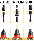 Wetols 3 In 1 Rivet Nut Gun Tool Kit With Reamer And Mandrels Fastening Hardware, installation guide with tool components displayed.