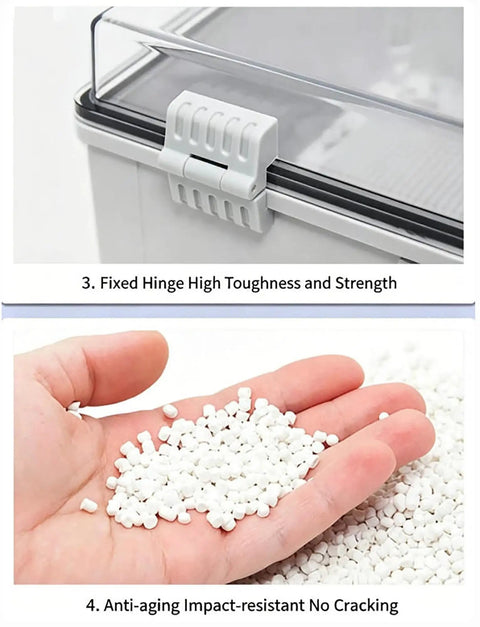 Outdoor Weatherproof Electrical Junction Box With ABS Plastic Shell Hinged Cover And Stainless Steel Latch Mounting Plate And Wall Bracket IP66 IP67 Rated For Tough Weather Cooling Fan For Heat Dissipation Gray 30x30x17cm And Clear 60x50x22cm close-up hinge and ABS pellets