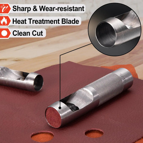 12 Piece Hollow Leather Punch Set made of steel showing close-up of sharp blade, used for cutting leather materials