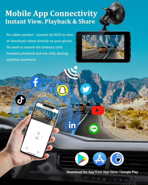 4K Front And Rear Dash Cam For Cars With 1080P Rear Camera Built In Wi Fi And App Control displayed on phone app screen