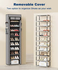 10 Tier Tall Shoe Organizer With Dustproof Cover Large Capacity Shoe Storage Rack For Entryway Closet Or Garage Holds 18 To 22 Pairs Grey, shown closed and open view with shoes