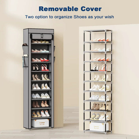 10 Tier Tall Shoe Organizer With Dustproof Cover Large Capacity Shoe Storage Rack For Entryway Closet Or Garage Holds 18 To 22 Pairs Grey, shown closed and open view with shoes