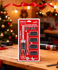 Ultimate 26-Piece Ratcheting Screwdriver Bit Set With S2 Steel Bits, Magnetic Driver And Telescopic Rod Perfect For Any Garage, Home Repair Or DIY Project That Demons High Performance And Reliability. Packaged bit set on workshop bench