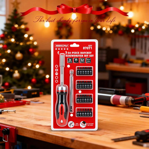Ultimate 26-Piece Ratcheting Screwdriver Bit Set With S2 Steel Bits, Magnetic Driver And Telescopic Rod Perfect For Any Garage, Home Repair Or DIY Project That Demons High Performance And Reliability. Packaged bit set on workshop bench