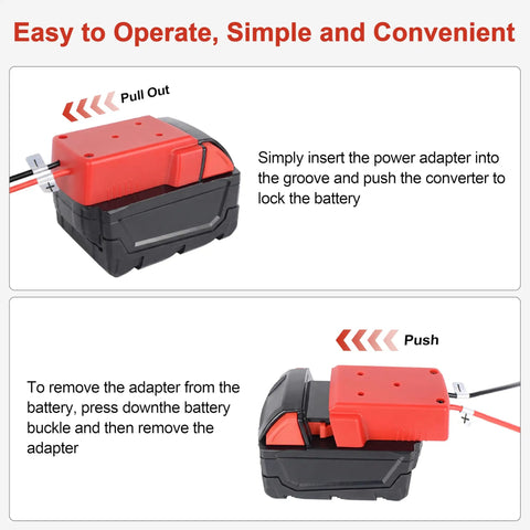 Diagram showing operation of Milwaukee M18 Battery Adapter Kit For 18V Ride On Toys, RC Cars And Robotics With Switch and Fuse