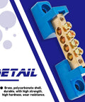 Brass Terminal Bus Bar 4 Position Blue Set Of 5 With Polycarbonate Shell High Strength And Wear Resistant For Distribution Box Use M4 Screw Size Compact 71 By 15 By 21 Mm, angled view
