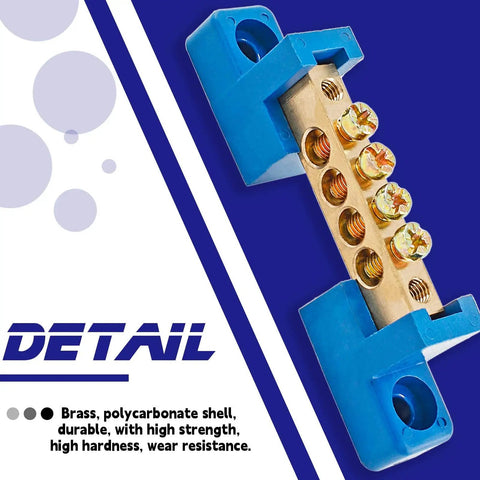 Brass Terminal Bus Bar 4 Position Blue Set Of 5 With Polycarbonate Shell High Strength And Wear Resistant For Distribution Box Use M4 Screw Size Compact 71 By 15 By 21 Mm, angled view