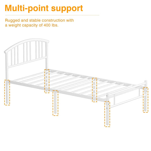 Rock Solid Heavy Duty White Twin Bed Frame With Headboard And Footboard Metal Platform Base Steel Slat Support shown with multi-point support details.