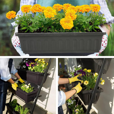 5 Tier Elevated Garden Bed With Lockable Caster Wheels For Freestanding Vertical Growing, Includes Five Planter Boxes To Grow Vegetables Herbs And Flowers Indoors Or Outdoors In A Space Saving Easy Peasy Assembly Durable Black Design displayed with colorful flowers.