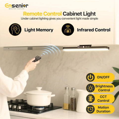 Remote control demonstration of Motion Sensor Light Bar With Rechargeable Battery, Dimmable Under Cabinet Lighting installed in kitchen.