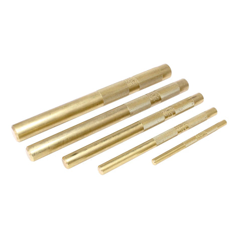 Brass Drift Punch Set 5 Piece With Sizes 1/4x4, 3/8x6, 1/2x7, 5/8x8, 3/4x8 displayed in a row on a white background