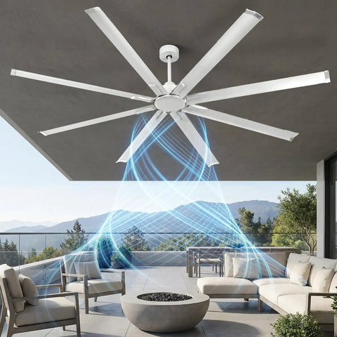 84 Inch Large Ceiling Fan No Lights Industrial Quiet DC Motor With 8 Aluminum Blades installed on outdoor ceiling