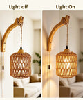 ZEORIVAX Rattan Wall Lamp with Plug-in Cord Hand Woven Paper Rope Sconce in light off and on settings, showcasing design features.