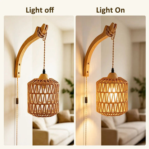 ZEORIVAX Rattan Wall Lamp with Plug-in Cord Hand Woven Paper Rope Sconce in light off and on settings, showcasing design features.