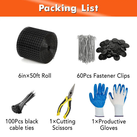 Packing list for Real Deal Solar Panel Pest Barrier Mesh includes 6in x 50ft roll, clips, cable ties, scissors, gloves.
